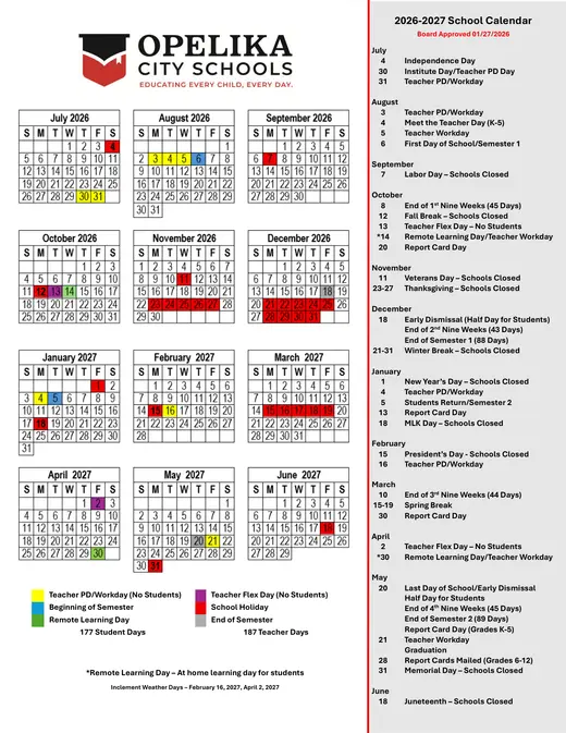 Opelika City Schools (OCS) 2026–2027 Academic Calendar Page 2