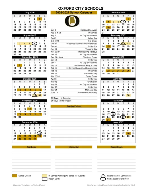 Oxford City Schools (OCS) 2026–2027 Academic Calendar