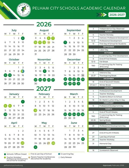 Pelham City Schools (PCS) 2026–2027 Academic Calendar