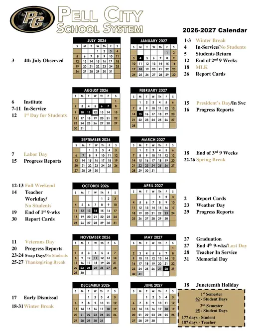 Pell City School System (PCSS) 2026–2027 Academic Calendar Page 1
