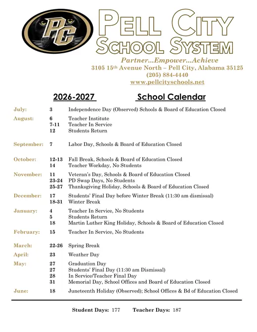 Pell City School System (PCSS) 2026–2027 Academic Calendar Page 2