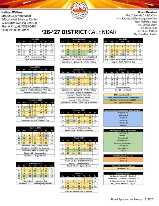 Phenix City Schools (PCS) 2026–2027 Academic Calendar Page 1