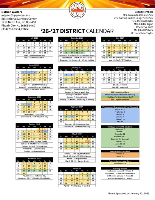 Phenix City Schools (PCS) 2026–2027 Academic Calendar Page 2