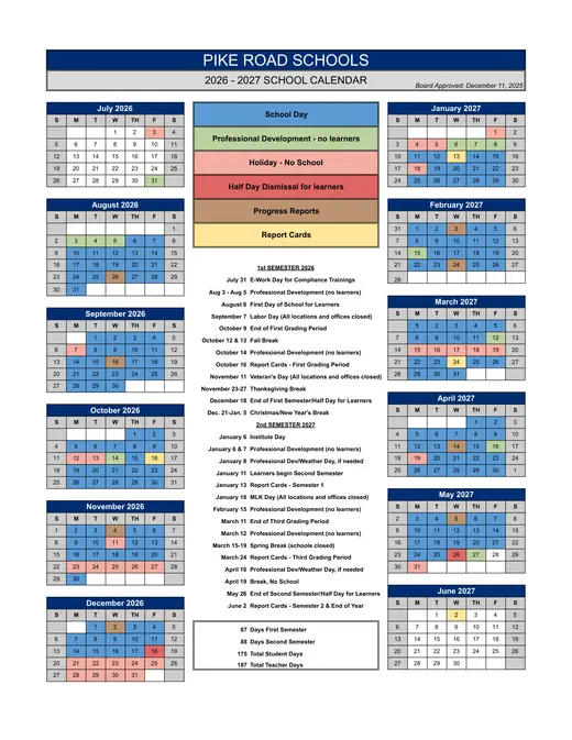 Pike Road Schools (PRS) 2026–2027 Academic Calendar