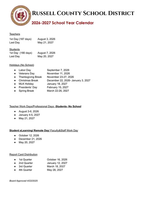 Russell County School District (RCSD) 2026–2027 Academic Calendar