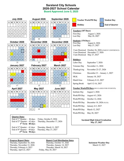 Saraland City Schools (SCS) 2026–2027 Academic Calendar