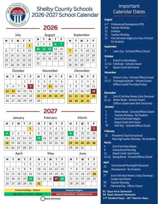 Shelby County Schools (SCS) 2026–2027 Academic Calendar