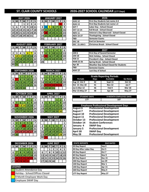 St. Clair County Schools (SCCS) 2026–2027 Academic Calendar
