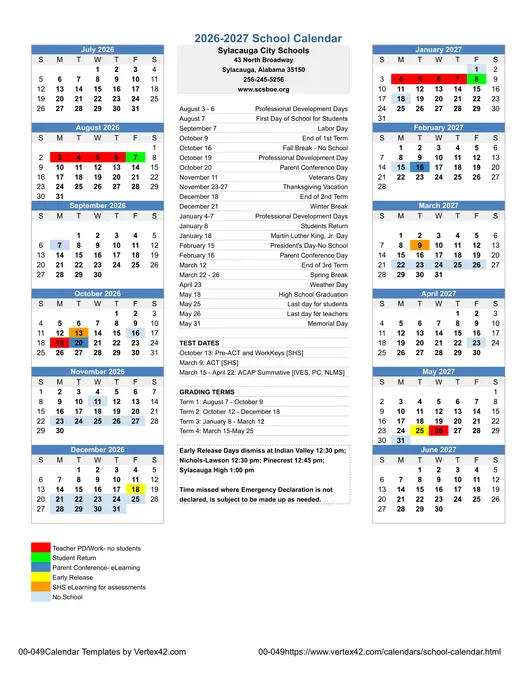 Sylacauga City Schools 2026–2027 Academic Calendar
