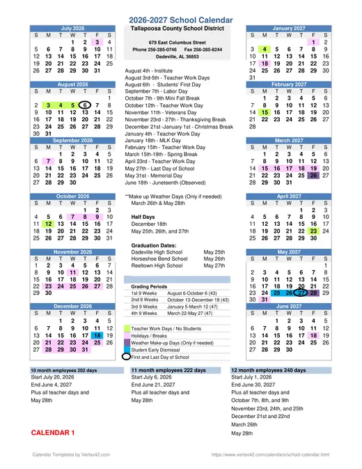 Tallapoosa County School District (TCSD) 2026–2027 Academic Calendar