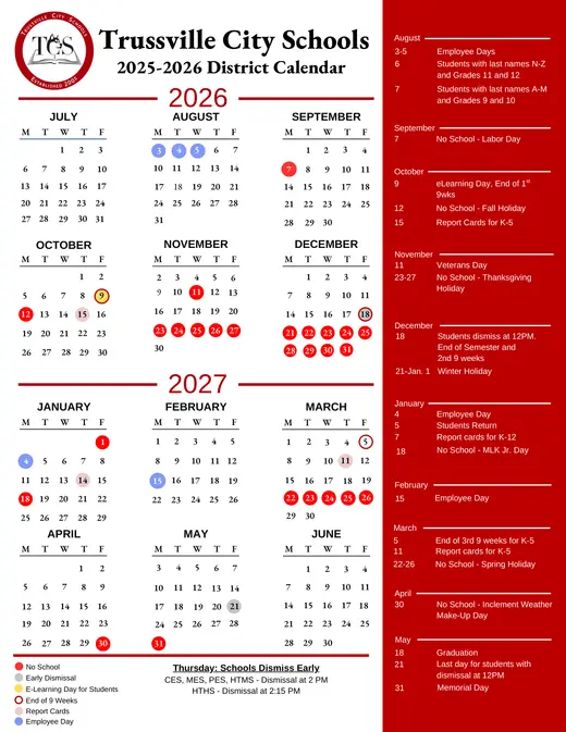 Trussville City Schools (TCS) 2025–2026 Academic Calendar Page 1