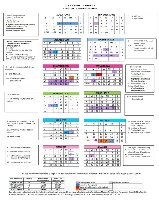 Tuscaloosa City Schools (TCS) 2026–2027 Academic Calendar