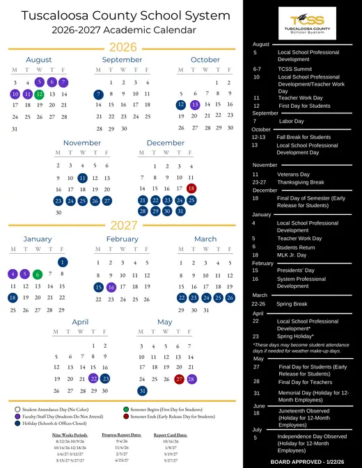 Tuscaloosa County School System (TCSS) 2026–2027 Academic Calendar