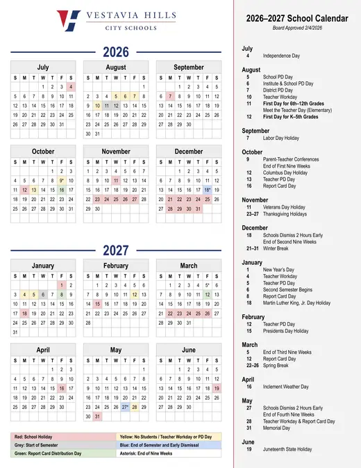 Vestavia Hills City Schools (VHCS) 2026–2027 Academic Calendar Page 1