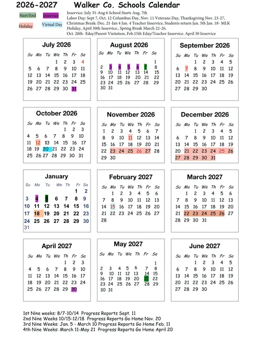Walker County Schools (WCS) 2026–2027 Academic Calendar Page 1