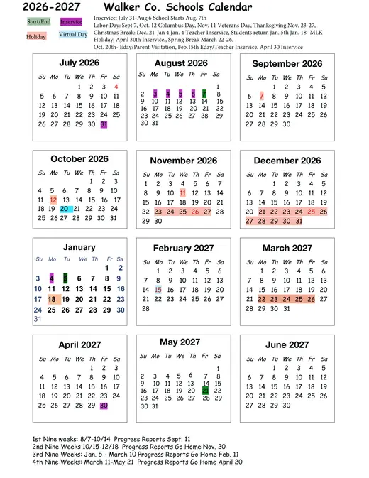 Walker County Schools (WCS) 2026–2027 Academic Calendar Page 2