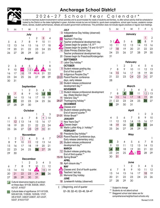 Anchorage School District 2026–2027 Academic Calendar