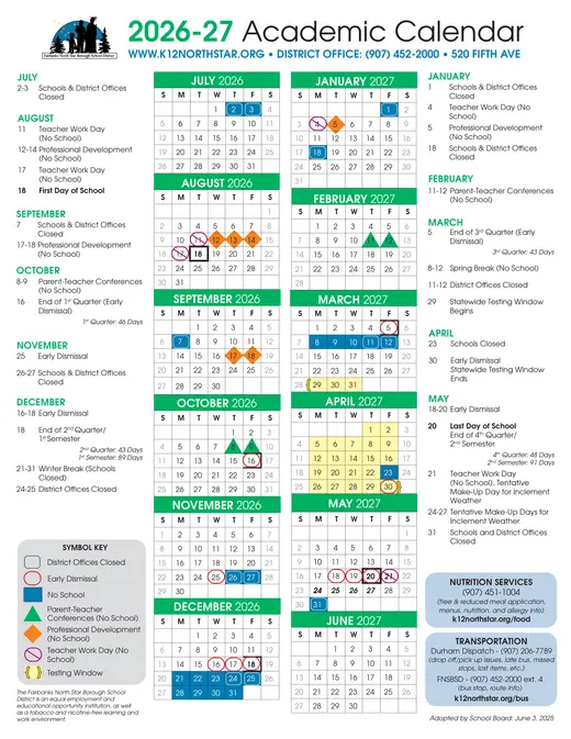 Fairbanks North Star Borough School District 2026–2027 Academic Calendar