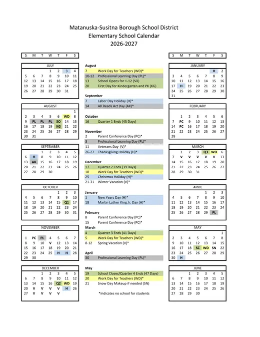 Matanuska-Susitna Borough School District 2026–2027 Academic Calendar Page 1