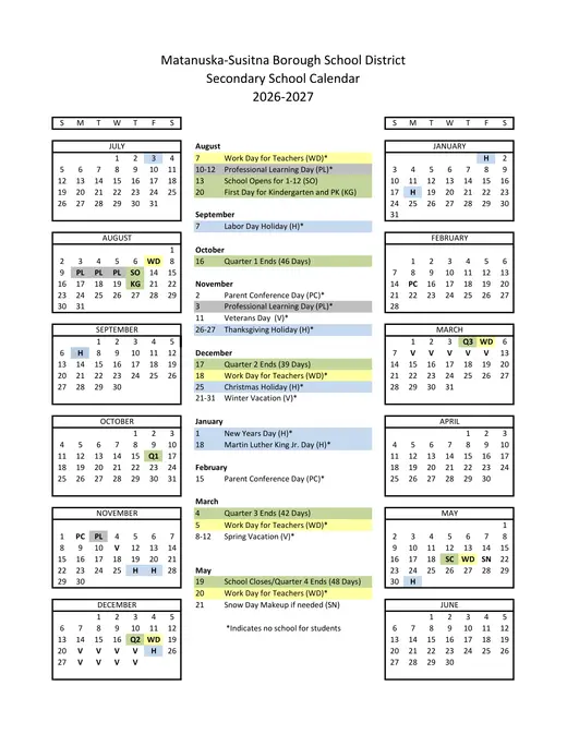 Matanuska-Susitna Borough School District 2026–2027 Academic Calendar Page 2