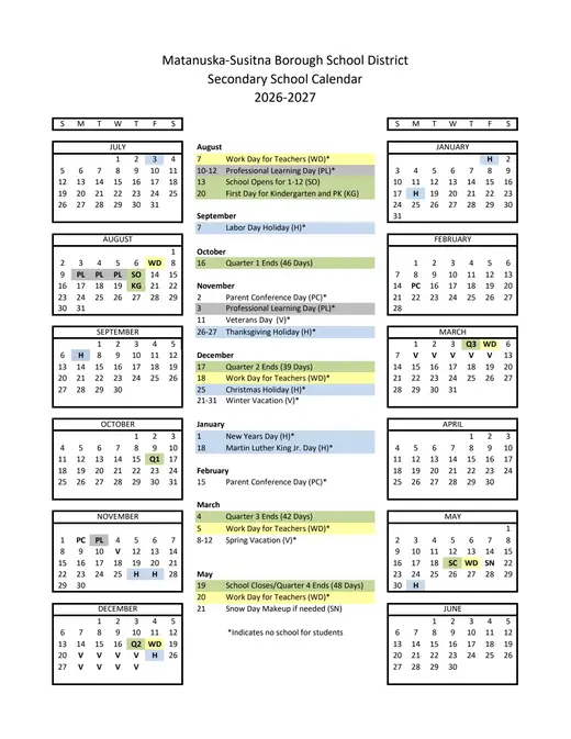 Matanuska-Susitna Borough School District 2026–2027 Academic Calendar Page 3