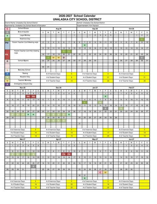 Unalaska City School District 2026–2027 Academic Calendar