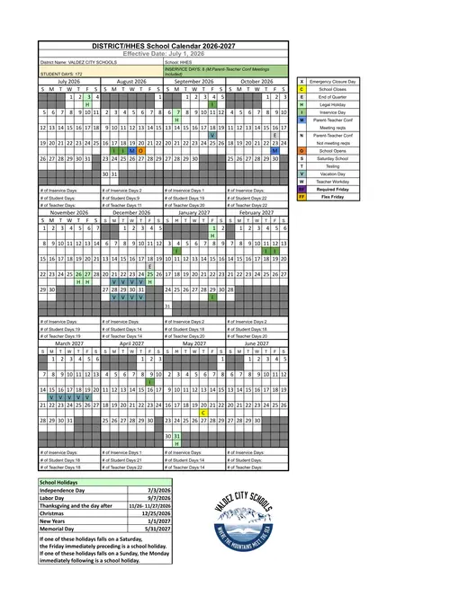 Valdez City Schools (HHES) 2026–2027 Academic Calendar