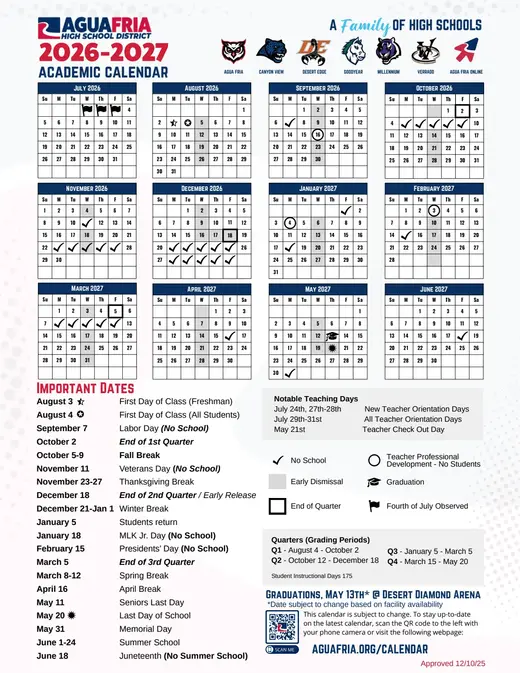 Agua Fria High School District 2026–2027 Academic Calendar