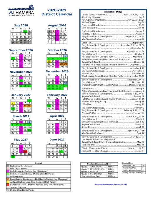 Alhambra Elementary School District 2026–2027 Academic Calendar