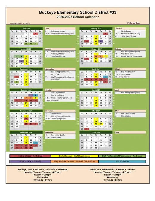 Buckeye Elementary School District #33 2026–2027 Academic Calendar Page 1