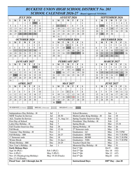 Buckeye Union High School District No. 201 2026–2027 Academic Calendar
