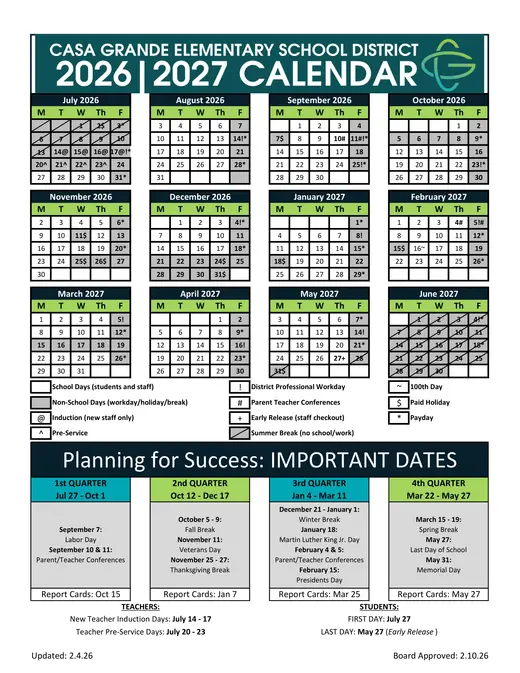 Casa Grande Elementary School District 2026–2027 Academic Calendar