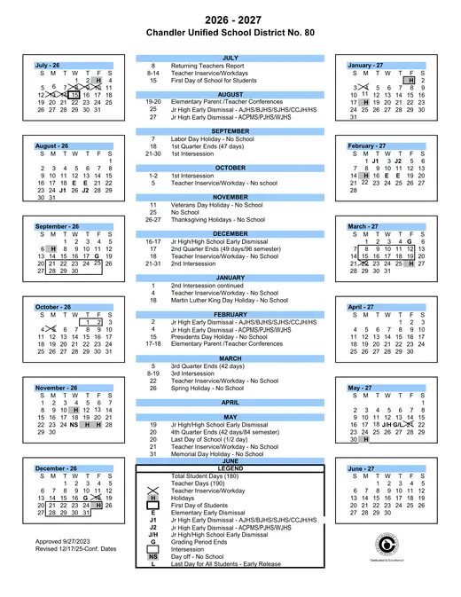 Chandler Unified School District No. 80 2026–2027 Academic Calendar