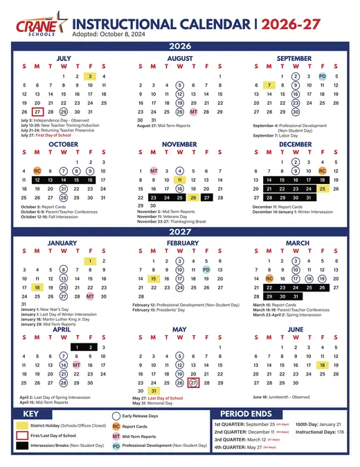 Crane Schools 2026–2027 Academic Calendar