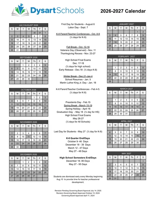 Dysart Schools 2026–2027 Academic Calendar