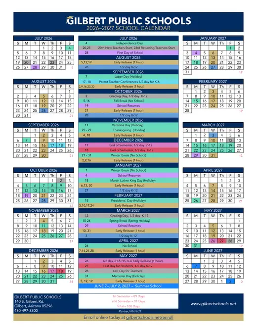 Gilbert Public Schools 2026–2027 Academic Calendar