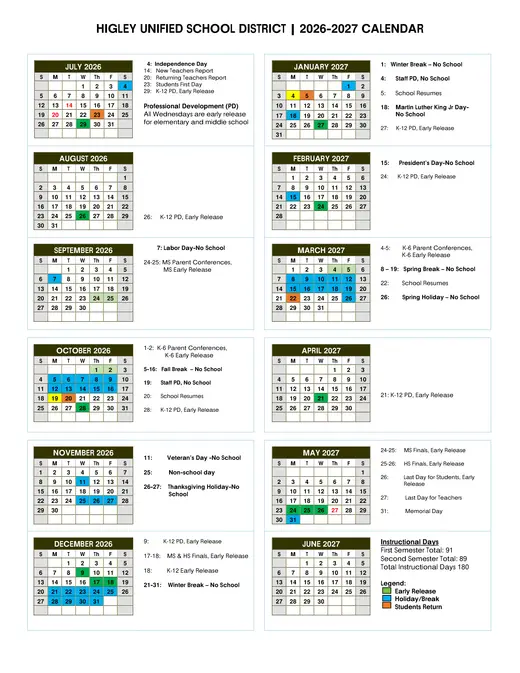 Higley Unified School District 2026–2027 Academic Calendar