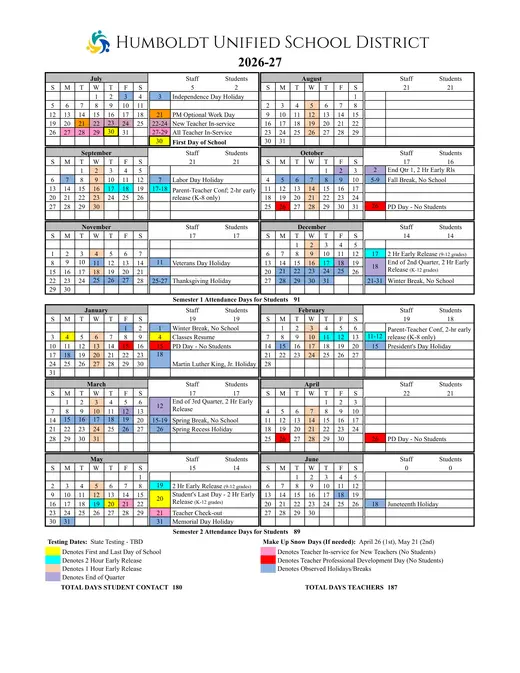 Humboldt Unified School District 2026–2027 Academic Calendar