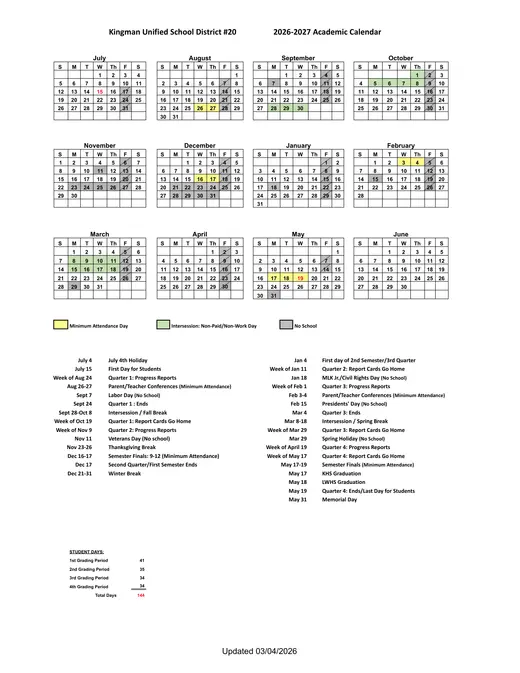 Kingman Unified School District #20 2026–2027 Academic Calendar Page 1