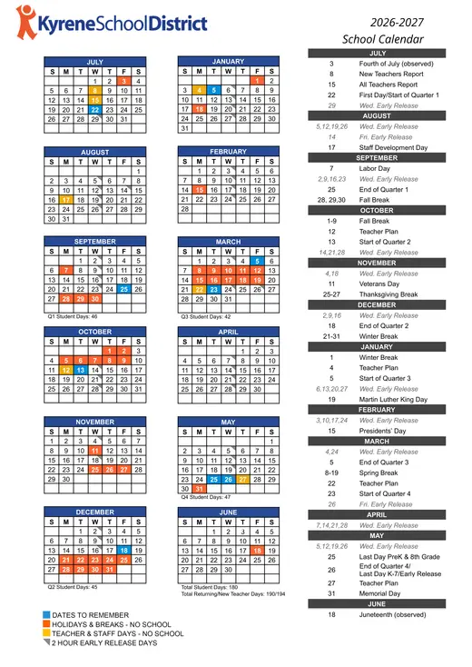Kyrene School District 2026–2027 Academic Calendar