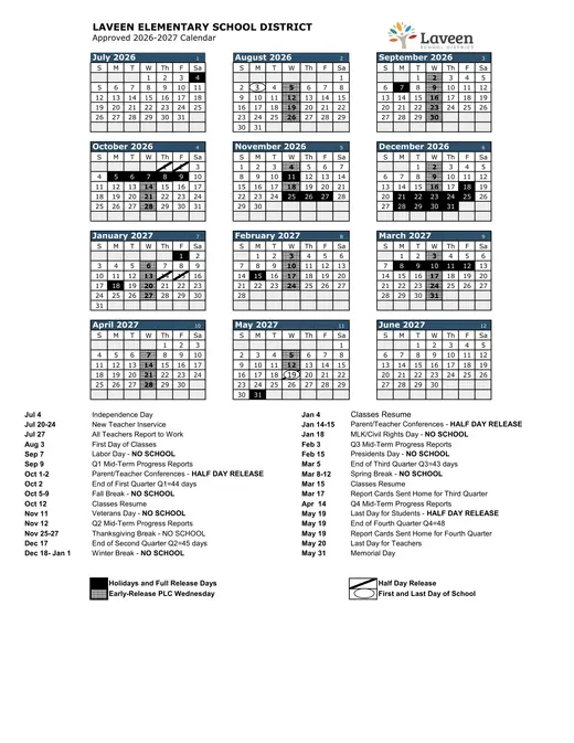 Laveen Elementary School District 2026–2027 Academic Calendar
