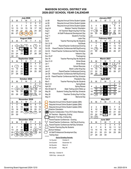 Madison School District #38 2026–2027 Academic Calendar