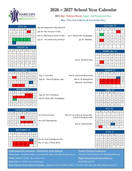 Maricopa Unified School District 2026–2027 Academic Calendar
