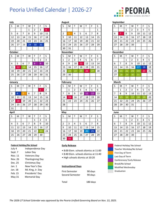 Peoria Unified School District 2026–2027 Academic Calendar