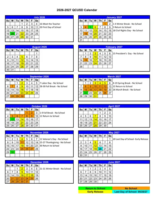 Queen Creek Unified School District 2026–2027 Academic Calendar