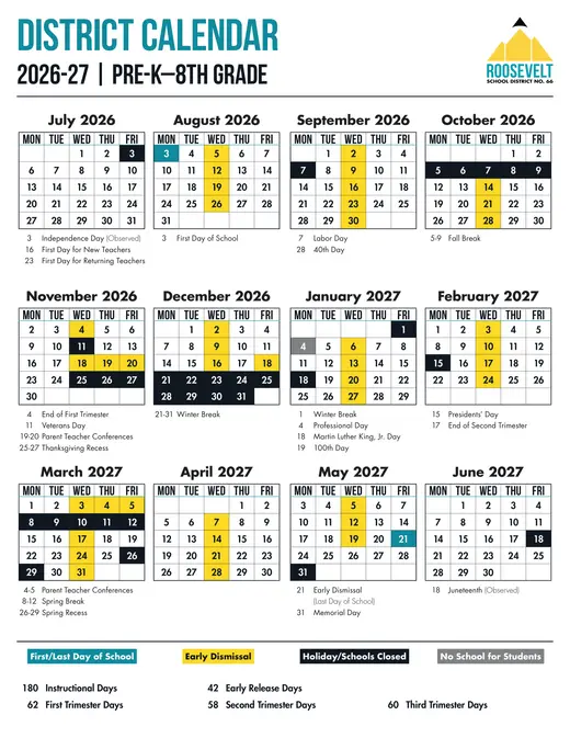 Roosevelt School District No. 66 2026–2027 Academic Calendar Page 1