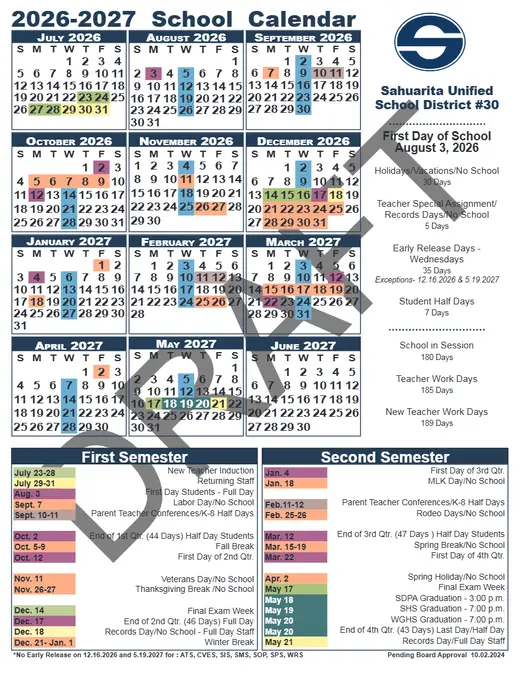 Sahuarita Unified School District #30 2026–2027 Academic Calendar Page 2