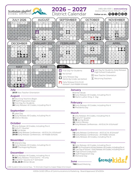 Scottsdale Unified School District 2026–2027 Academic Calendar Page 1