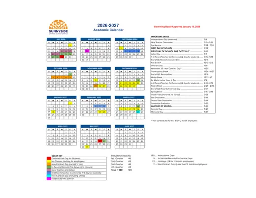 Sunnyside Unified School District 2026–2027 Academic Calendar