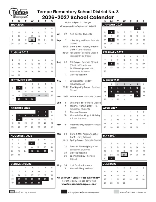 Tempe Elementary School District No. 3 2026–2027 Academic Calendar